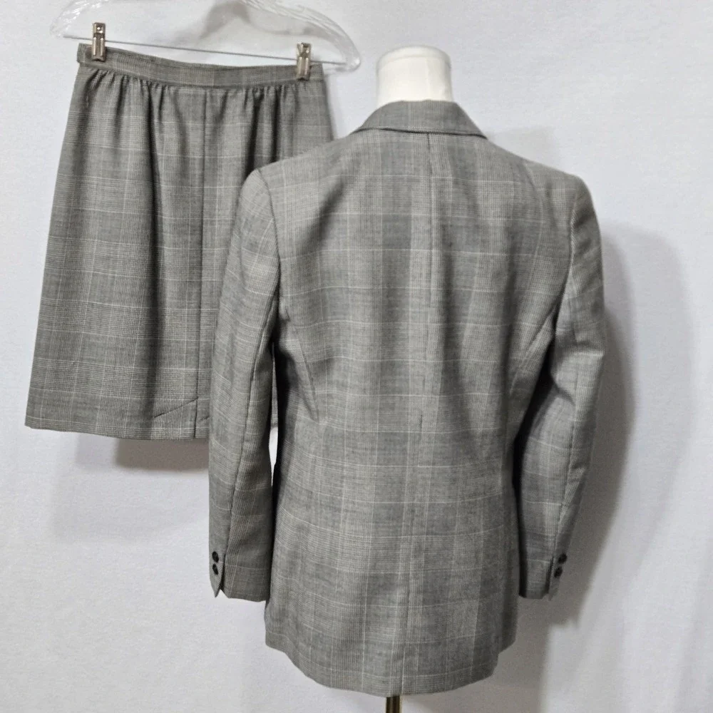Vintage Pendleton Skirt Suit Set Womens 8‎ Petite Gray Glen Plaid Made USA 90s